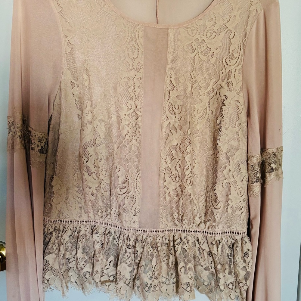 Forever 21 Tan Ruffled Embellished Long Sleeve Blouse